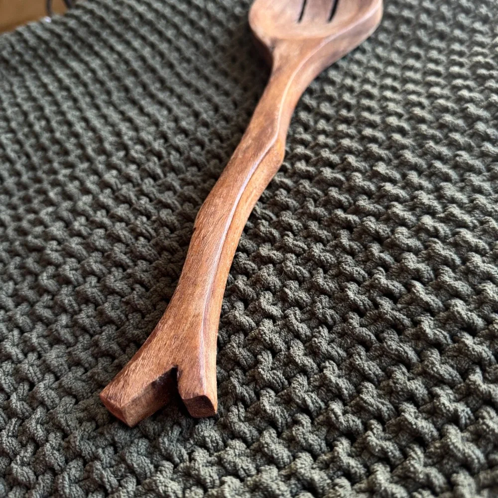 Hand Carved Wooden Serving Spoon Slotted 11 Inch Rustic Branch Organic‎ Earthy
